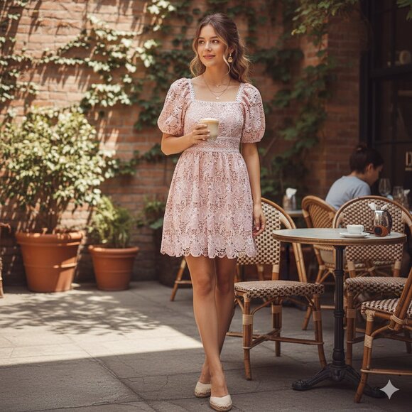 NWT Arose Studio Leah Puff Sleeve Square Neck Floral Lace Mini Dress Pink - Picture 1 of 6